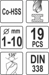 Sada vrtáků na kov 19ks HSS-COBALT 1-10mm