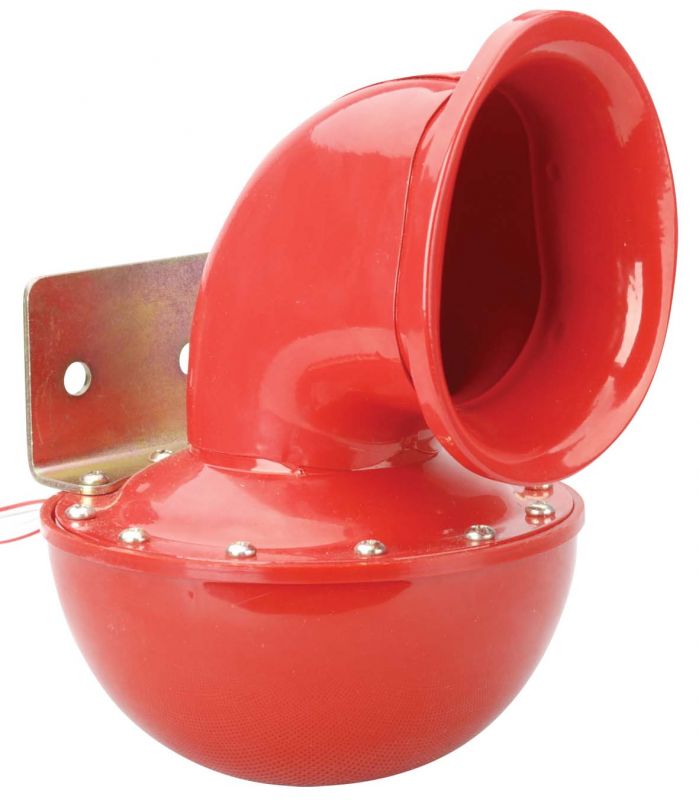 Bull horn siréna 12V, červená Elektromagnetická siréna s hlubokým tónem připomínajícím zvuk býka či lodní sirény.